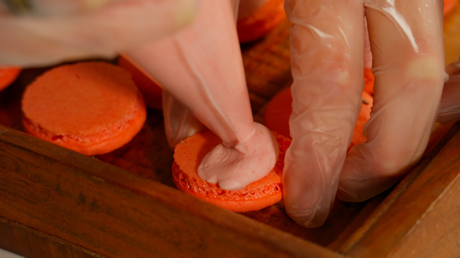 Baker piping filling into French macarons at French Press Bakery Needham MA