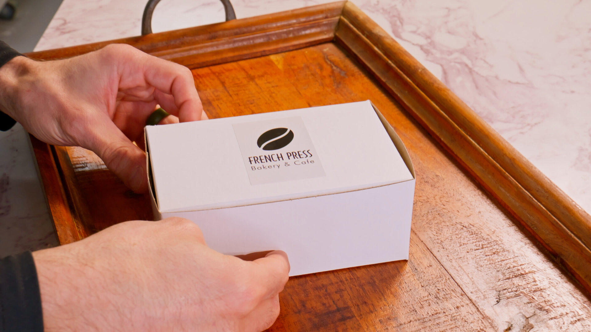 Boxed pastries ready for bakery takeaway at French Press Bakery Needham MA