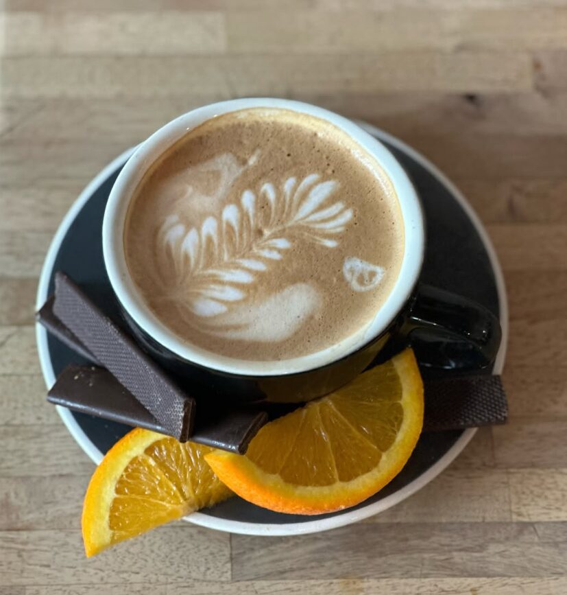 Latte with orange and chocolate pairing at French Press Bakery Needham MA
